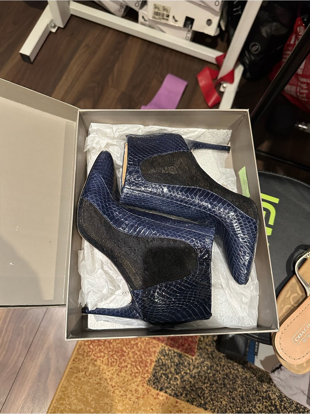 BCBG Dark Ink/Black Shiny Snake Lace Mesh Ankle Boots